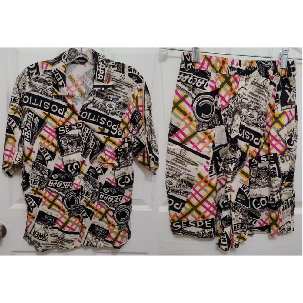 Vtg‎ Ashleigh Morgan Button Up Shirt/Shorts Outfit Set Novelty Travel Print Sz S